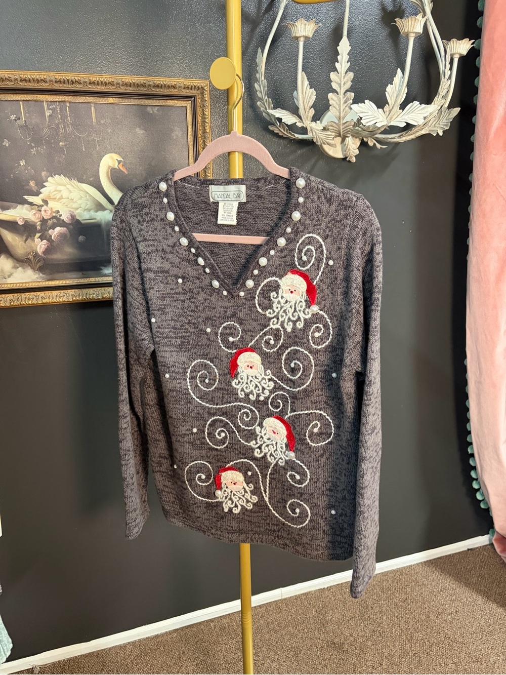 Mandal Bay Gray V-Neck Sweater with Embroidered Santa Faces